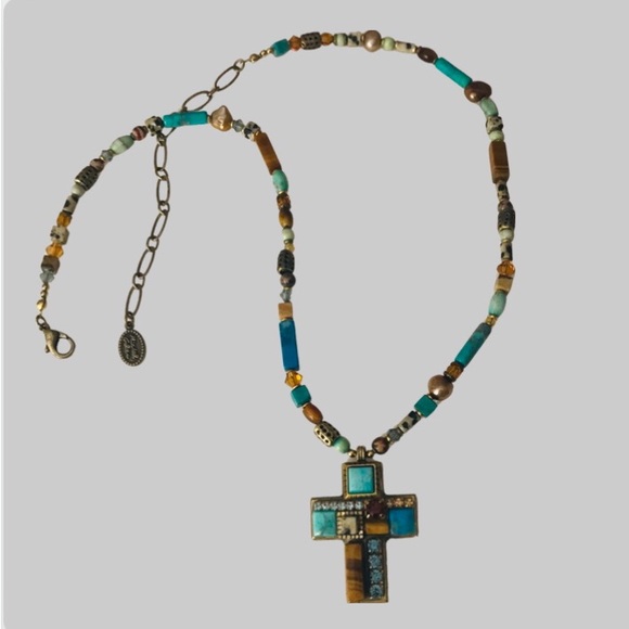 Vintage Michal Golan Cross Necklace Turquoise,Tiger Eye Gemstone Mosaic - Picture 4 of 9